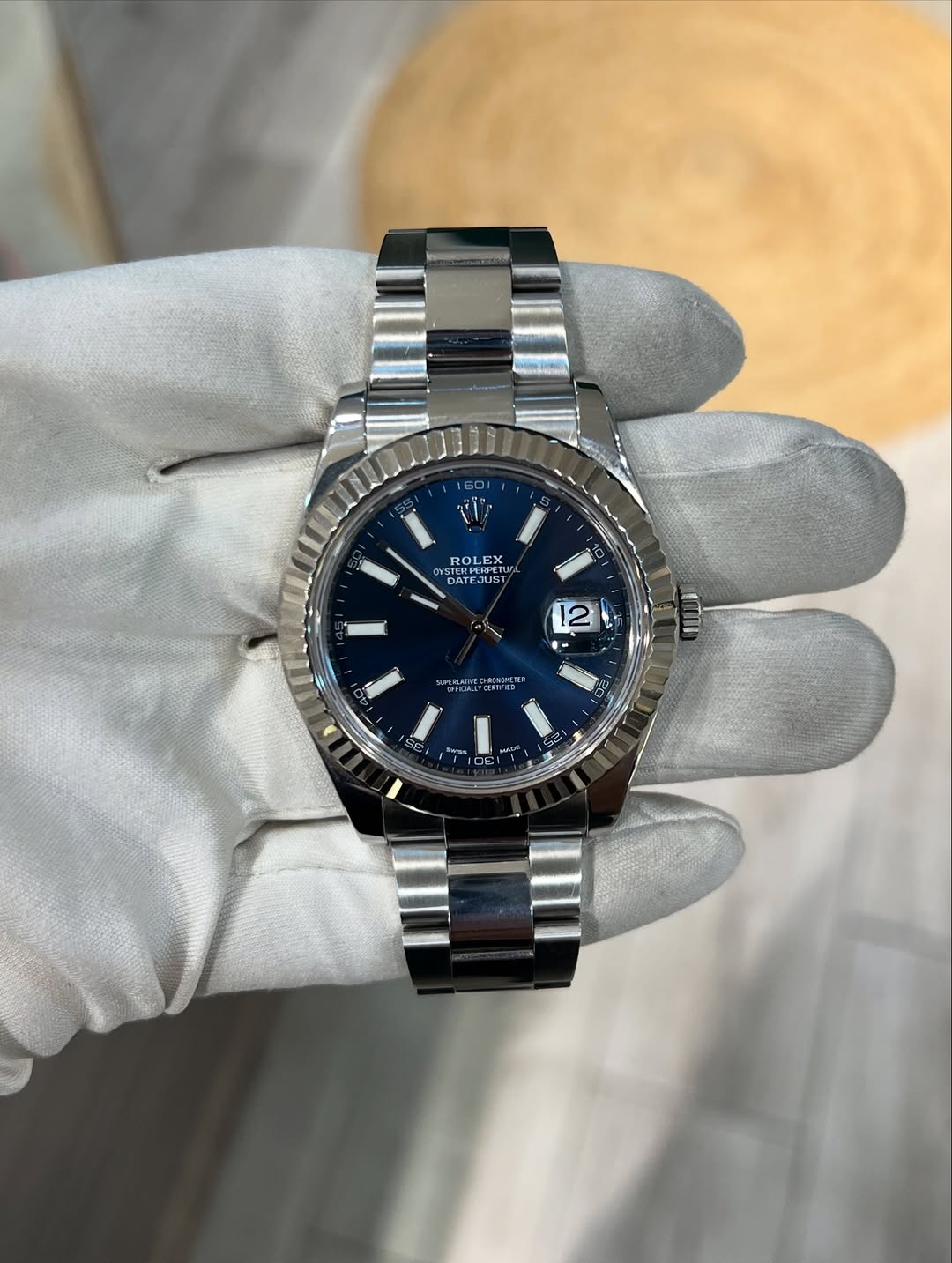 Rolex Datejust White gold bezel Oyster steel Blue index Reference 116334