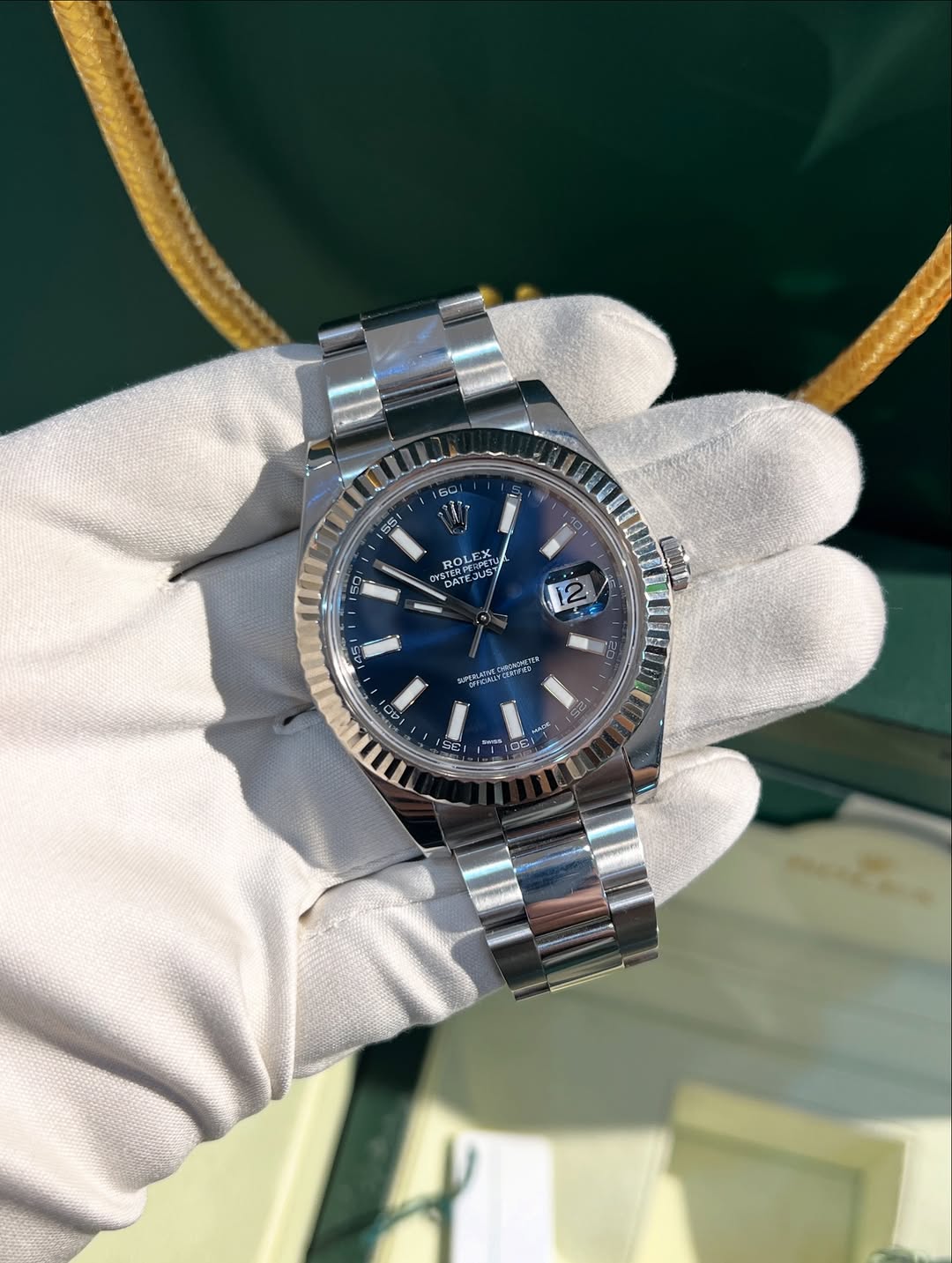 Rolex Datejust White gold bezel Oyster steel Blue index Reference 116334