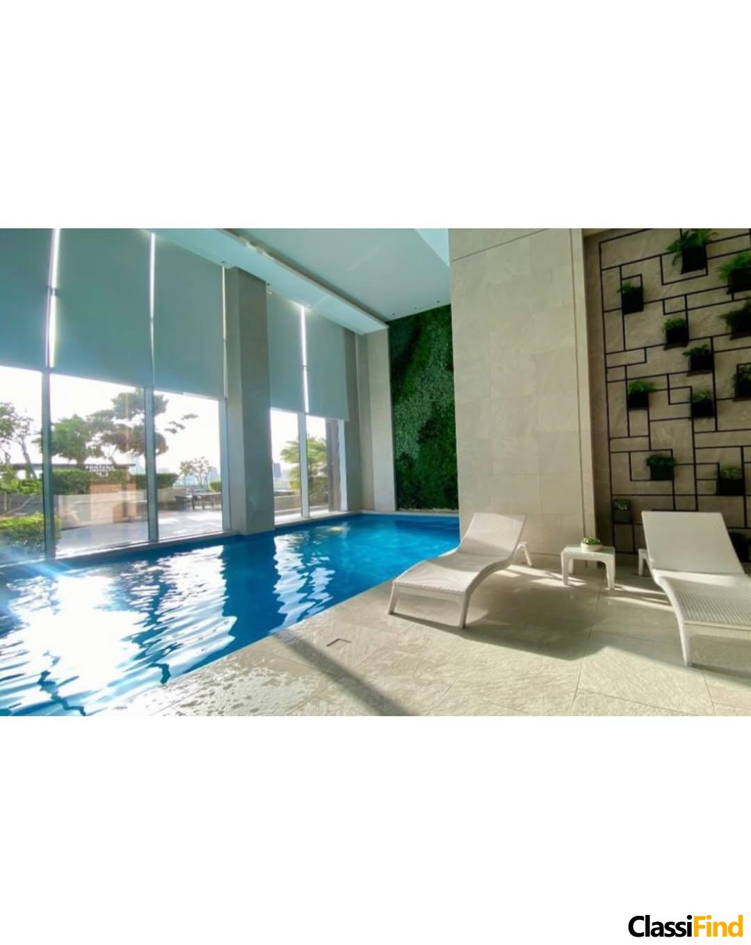 A luxurious, fully furnished studio apartment with a sea view