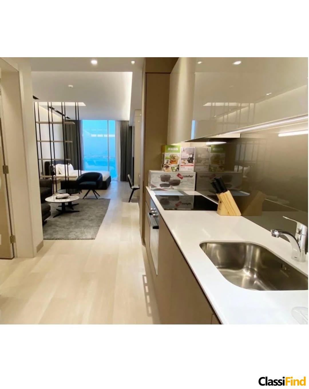 A luxurious, fully furnished studio apartment with a sea view