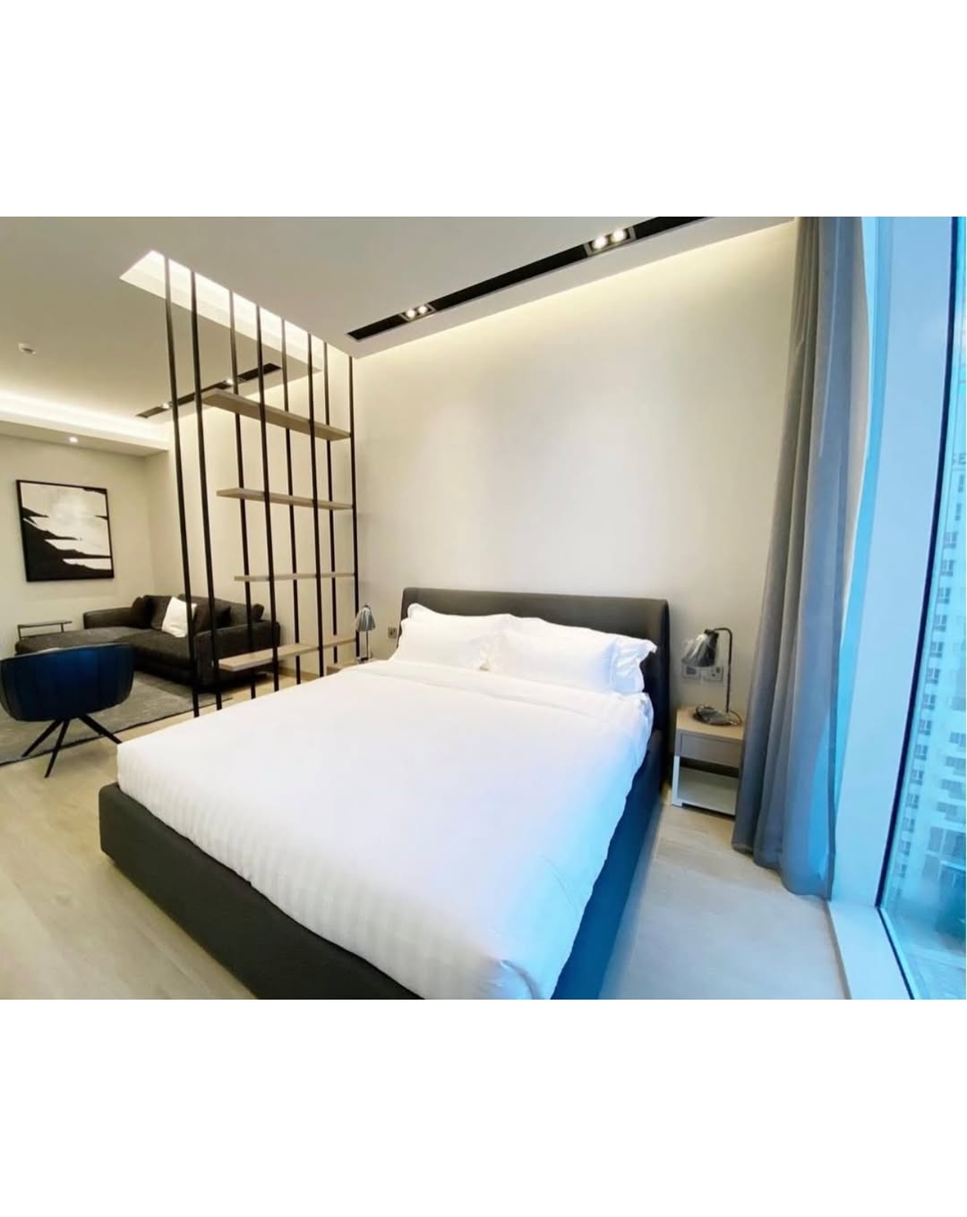A luxurious, fully furnished studio apartment with a sea view