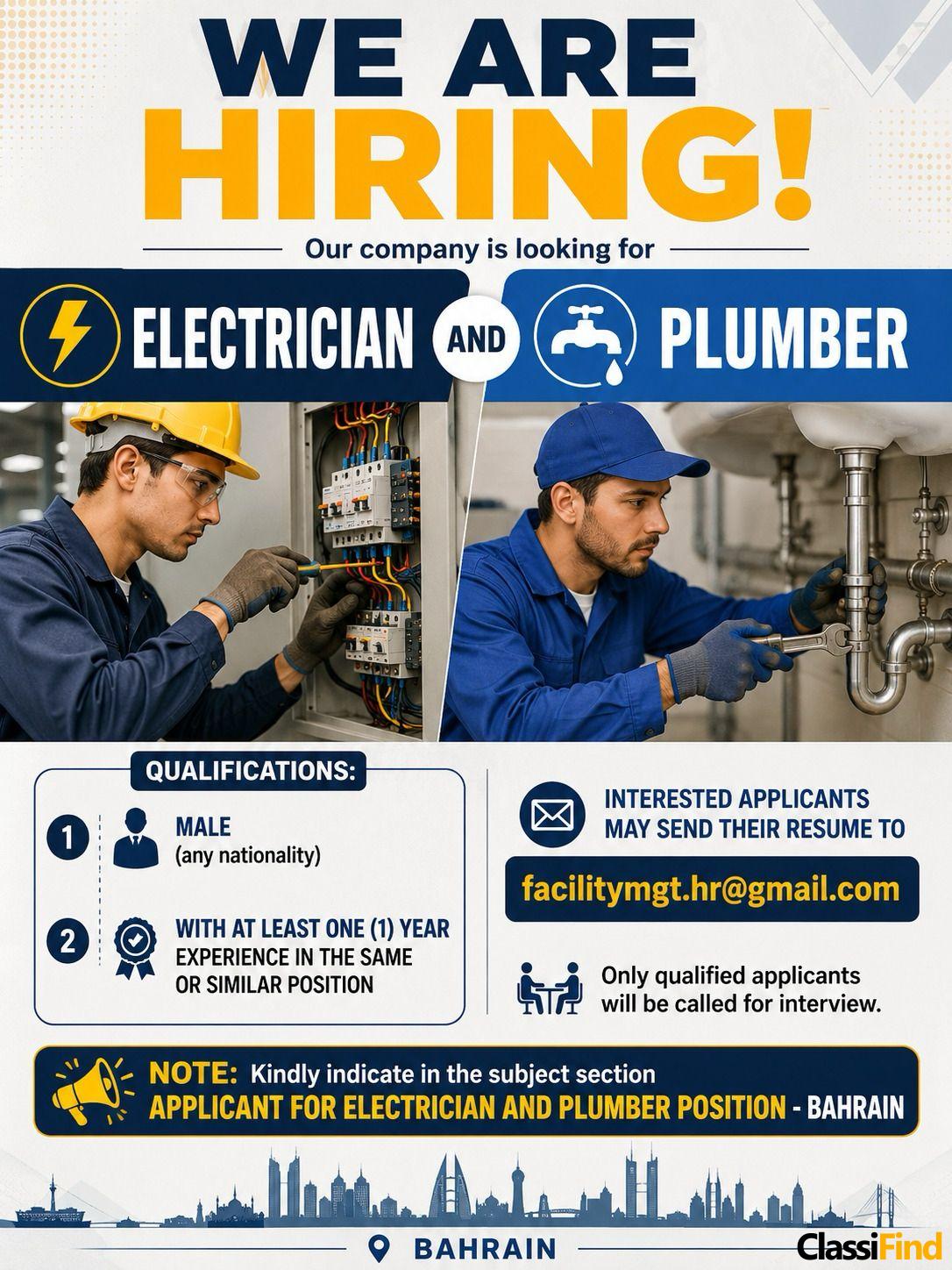 APPLICANT FOR ELECTRICIAN AND PLUMBER POSITION-BAHRAIN
